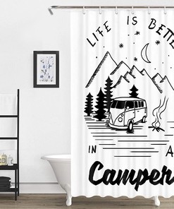 Life is Better in a Camper Mountain Moon Forest RV Shower Curtain for Camping Trailer Bathroom