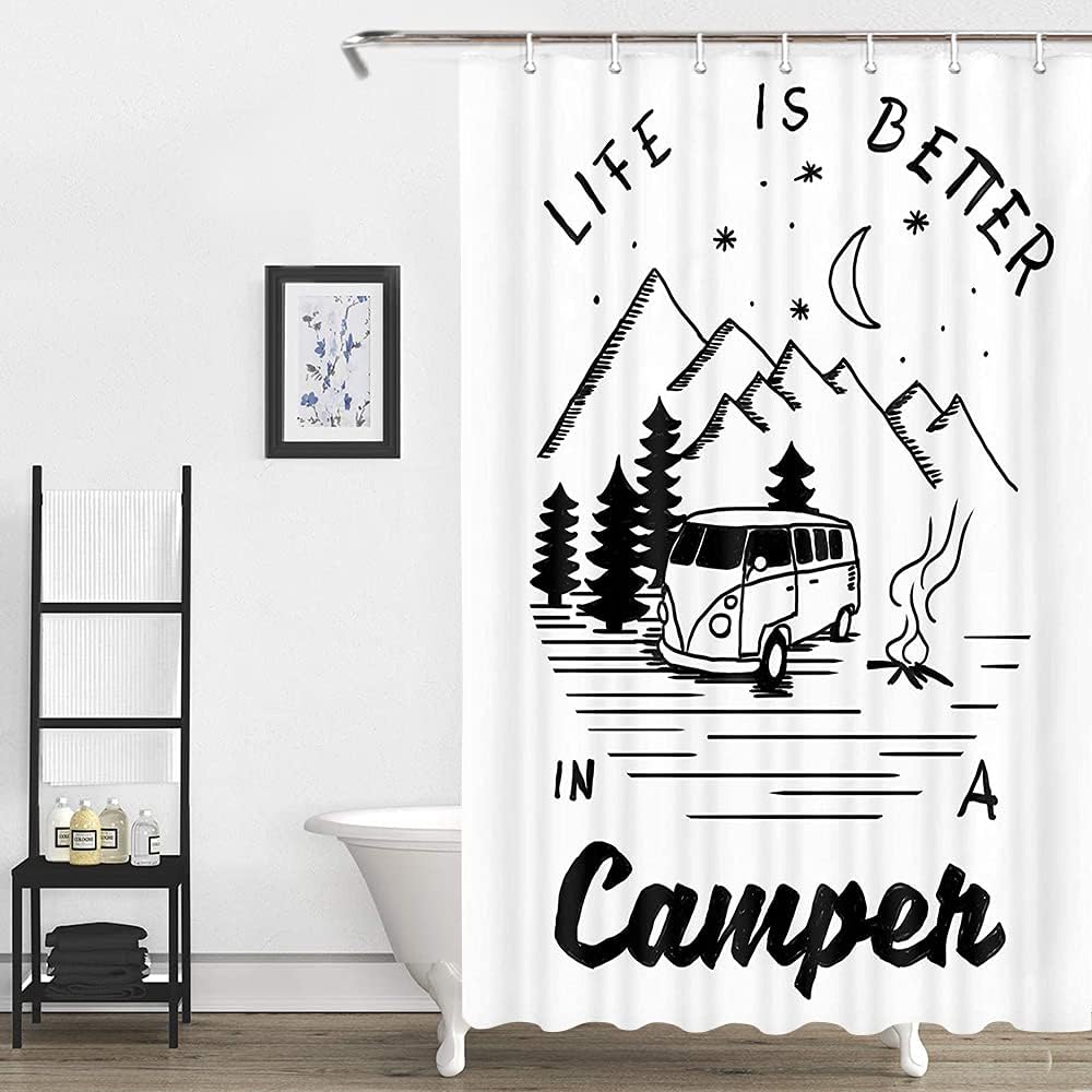 Life is Better in a Camper Mountain Moon Forest RV Shower Curtain for Camping Trailer Bathroom