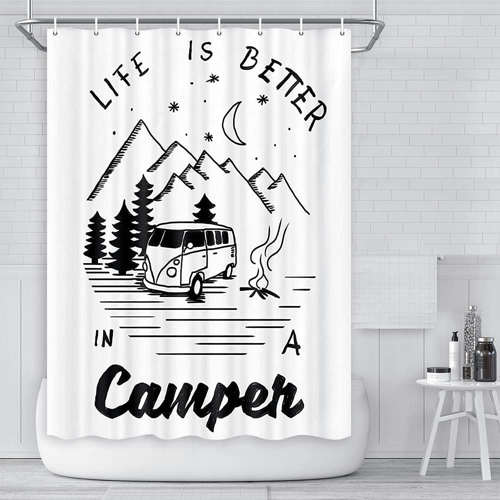 Life is Better in a Camper Mountain Moon Forest RV Shower Curtain for Camping Trailer Bathroom