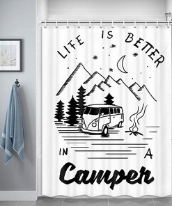 Life is Better in a Camper Mountain Moon Forest RV Shower Curtain for Camping Trailer Bathroom