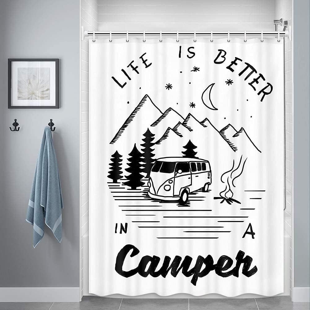 Life is Better in a Camper Mountain Moon Forest RV Shower Curtain for Camping Trailer Bathroom