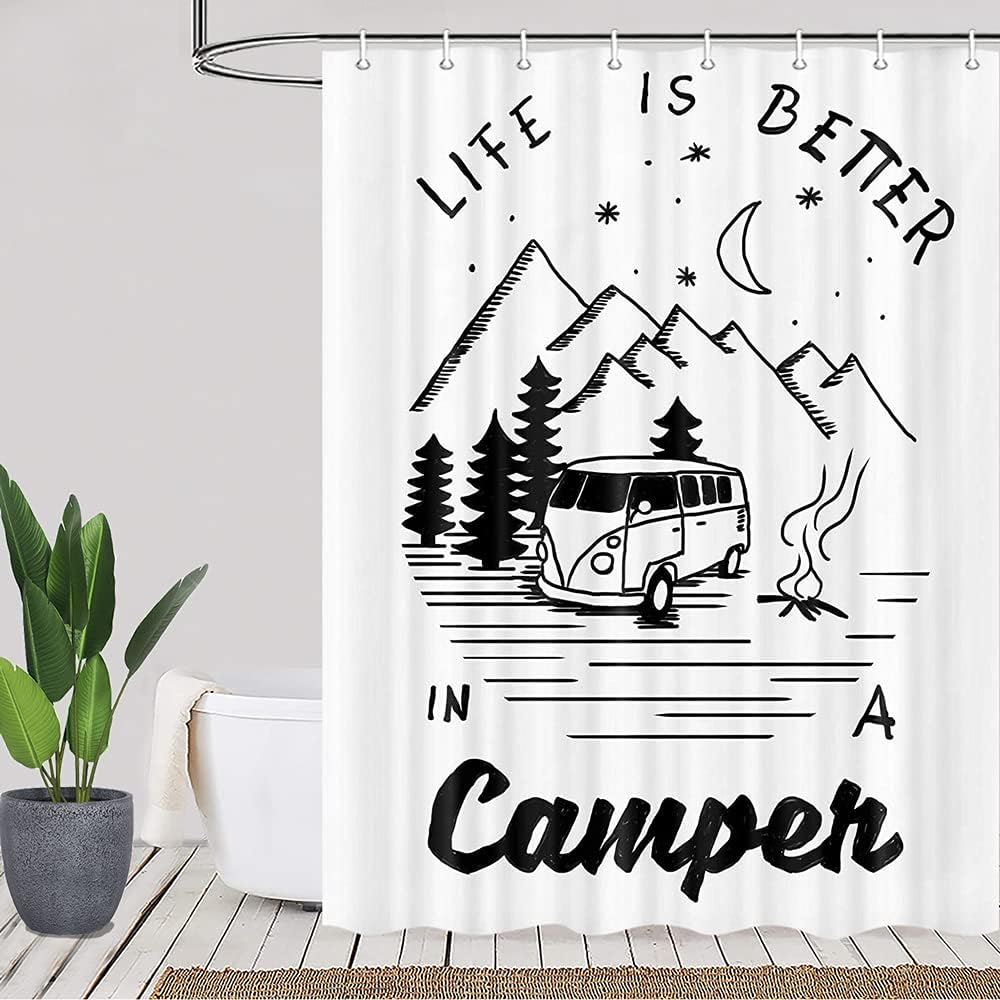 Life is Better in a Camper Mountain Moon Forest RV Shower Curtain for Camping Trailer Bathroom