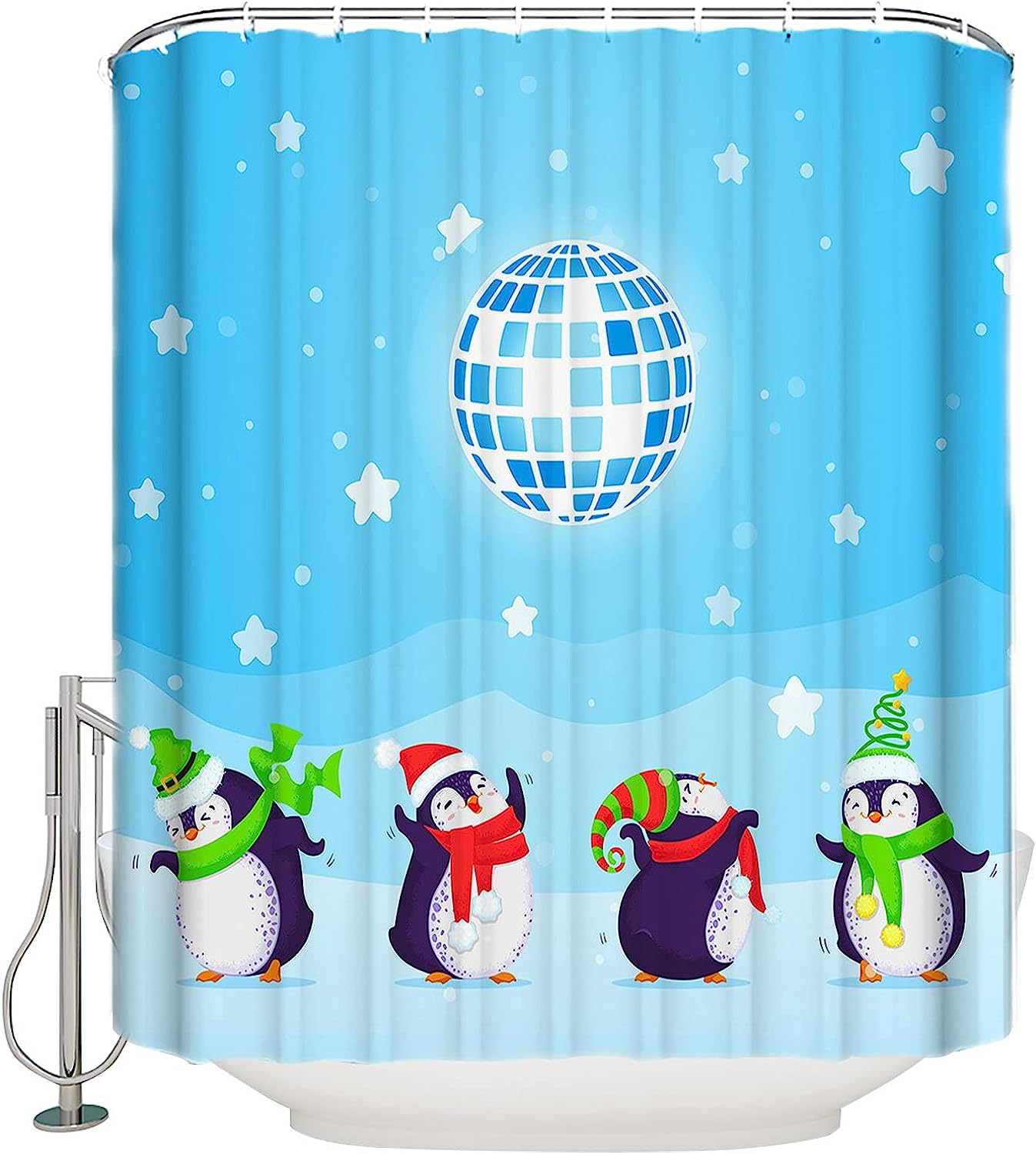Light Ball Christmas Penguin Shower Curtain: Decorative And Waterproof