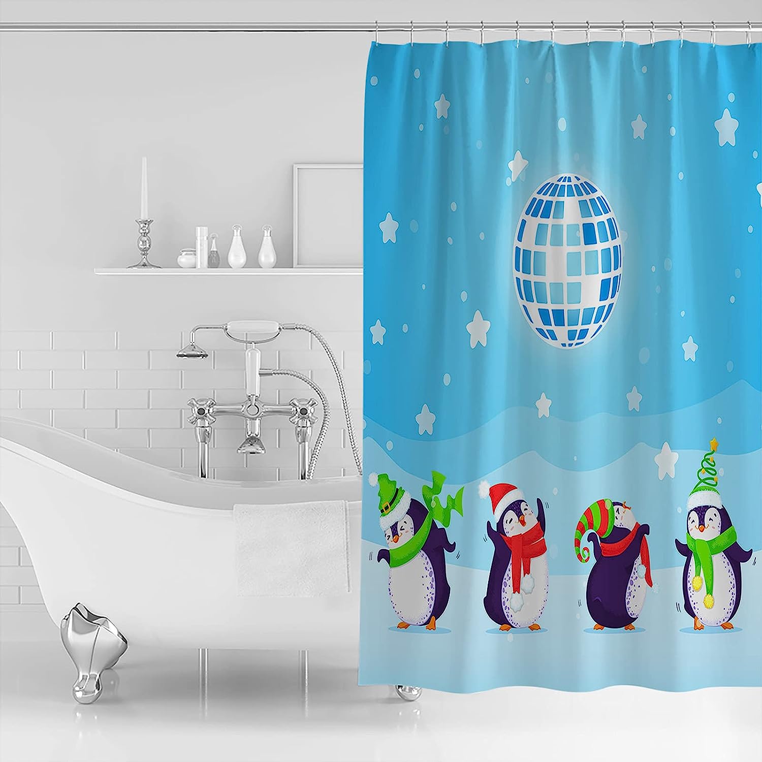 Light Ball Christmas Penguin Shower Curtain: Decorative And Waterproof - Image 2