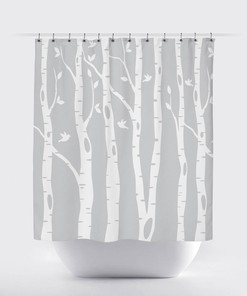 Light Blue Birch Tree Shower Curtain With Birds Print, Standard And Custom Sizes Available