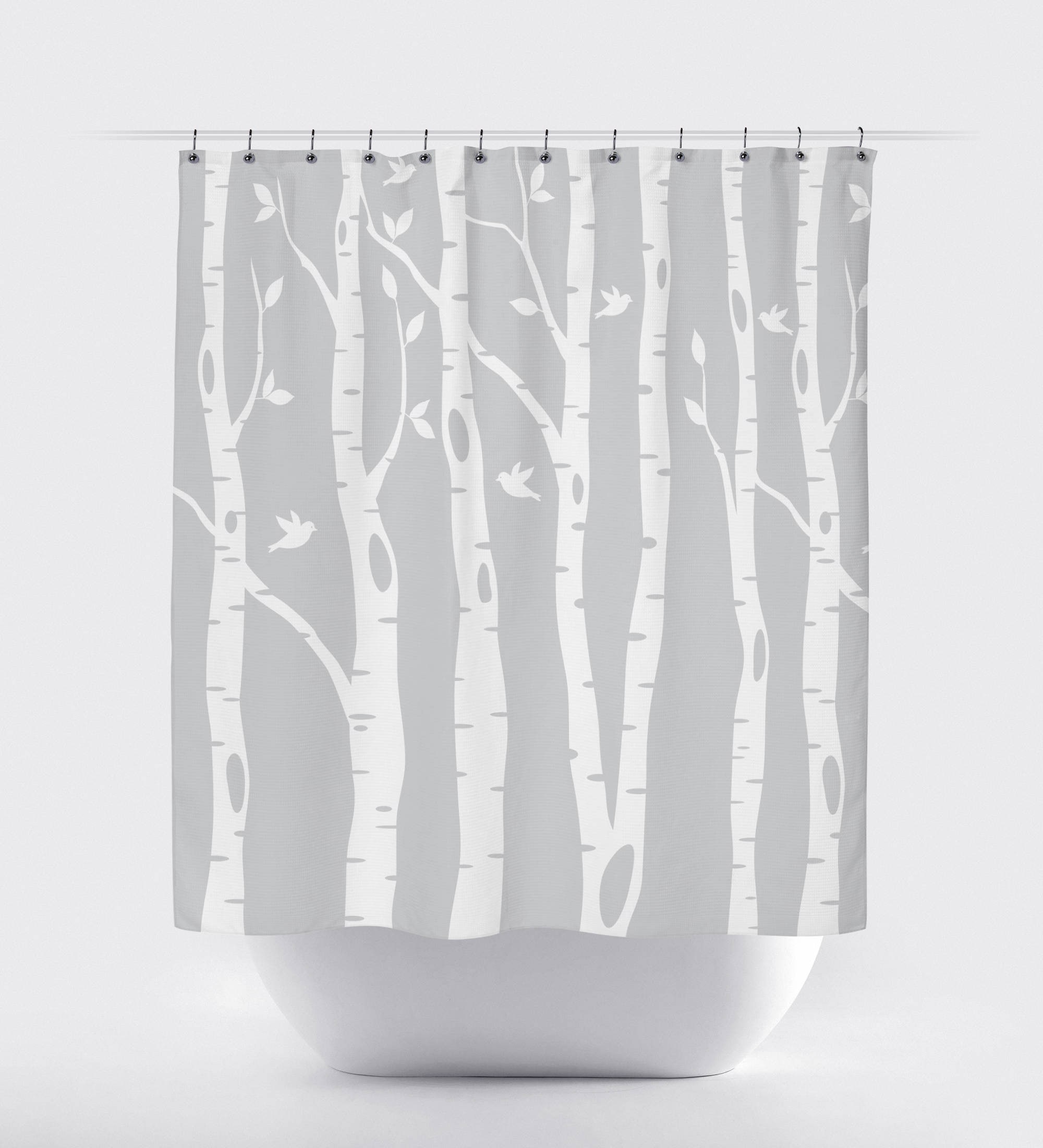 Light Blue Birch Tree Shower Curtain With Birds Print, Standard And Custom Sizes Available