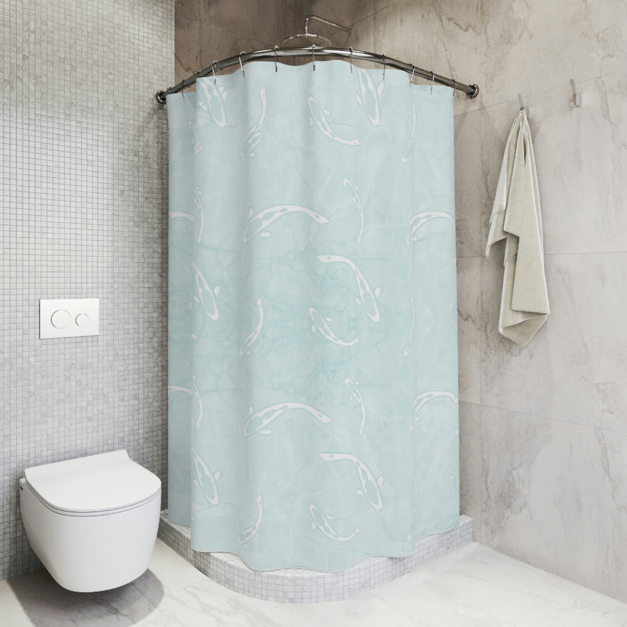 Light Blue Koi Fish Pattern Fabric Shower Curtain for Japanese Bathroom Decor