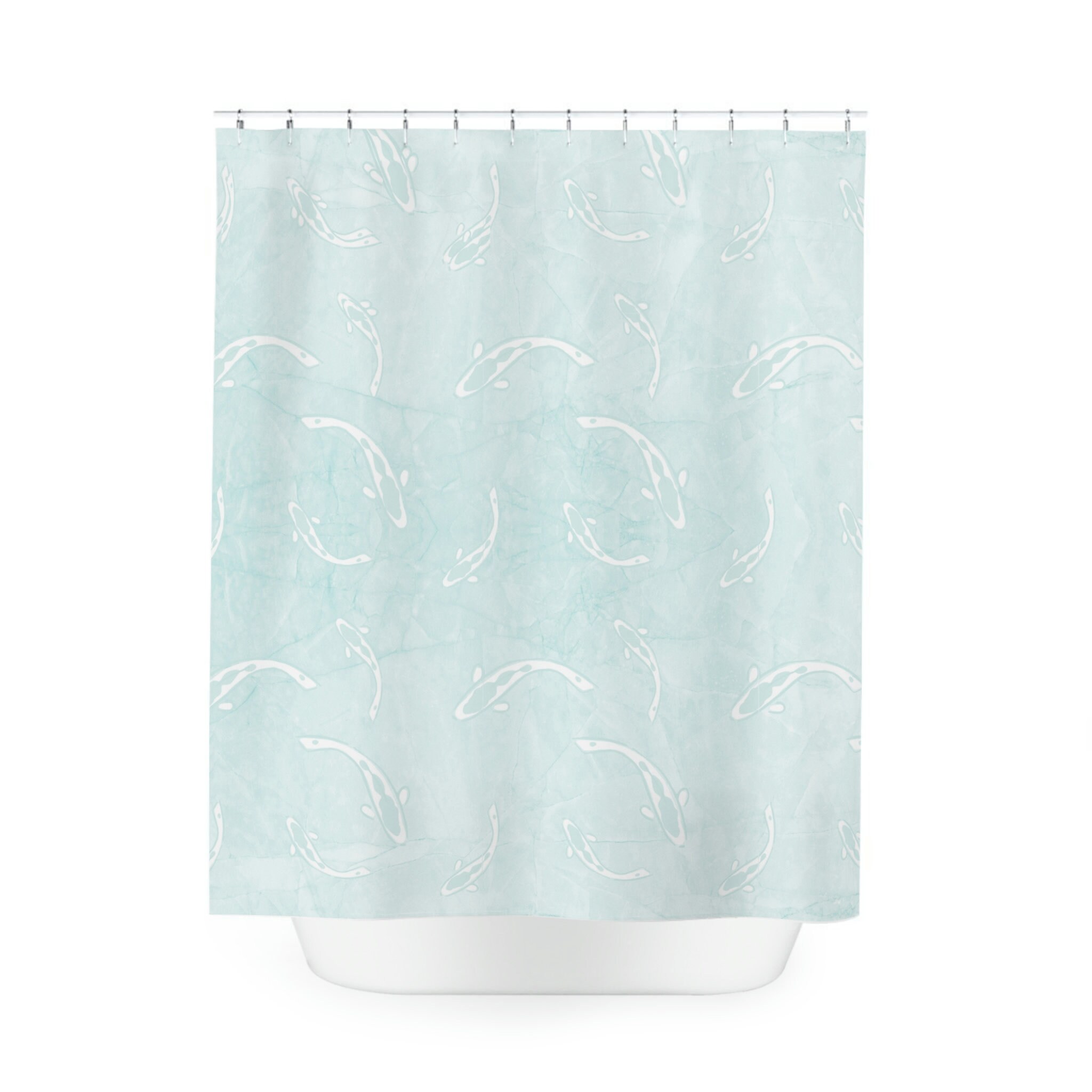 Light Blue Koi Fish Pattern Fabric Shower Curtain for Japanese Bathroom Decor