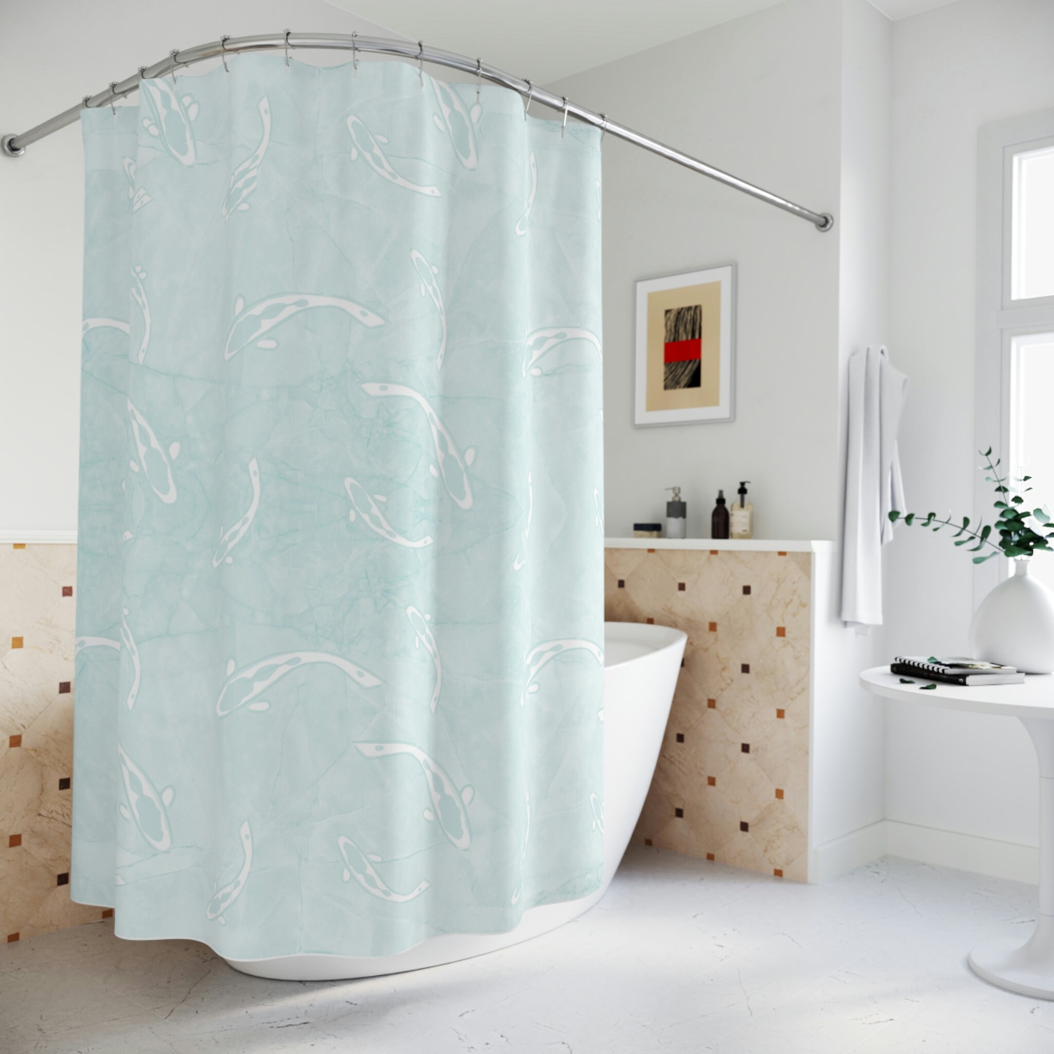 Light Blue Koi Fish Pattern Fabric Shower Curtain for Japanese Bathroom Decor