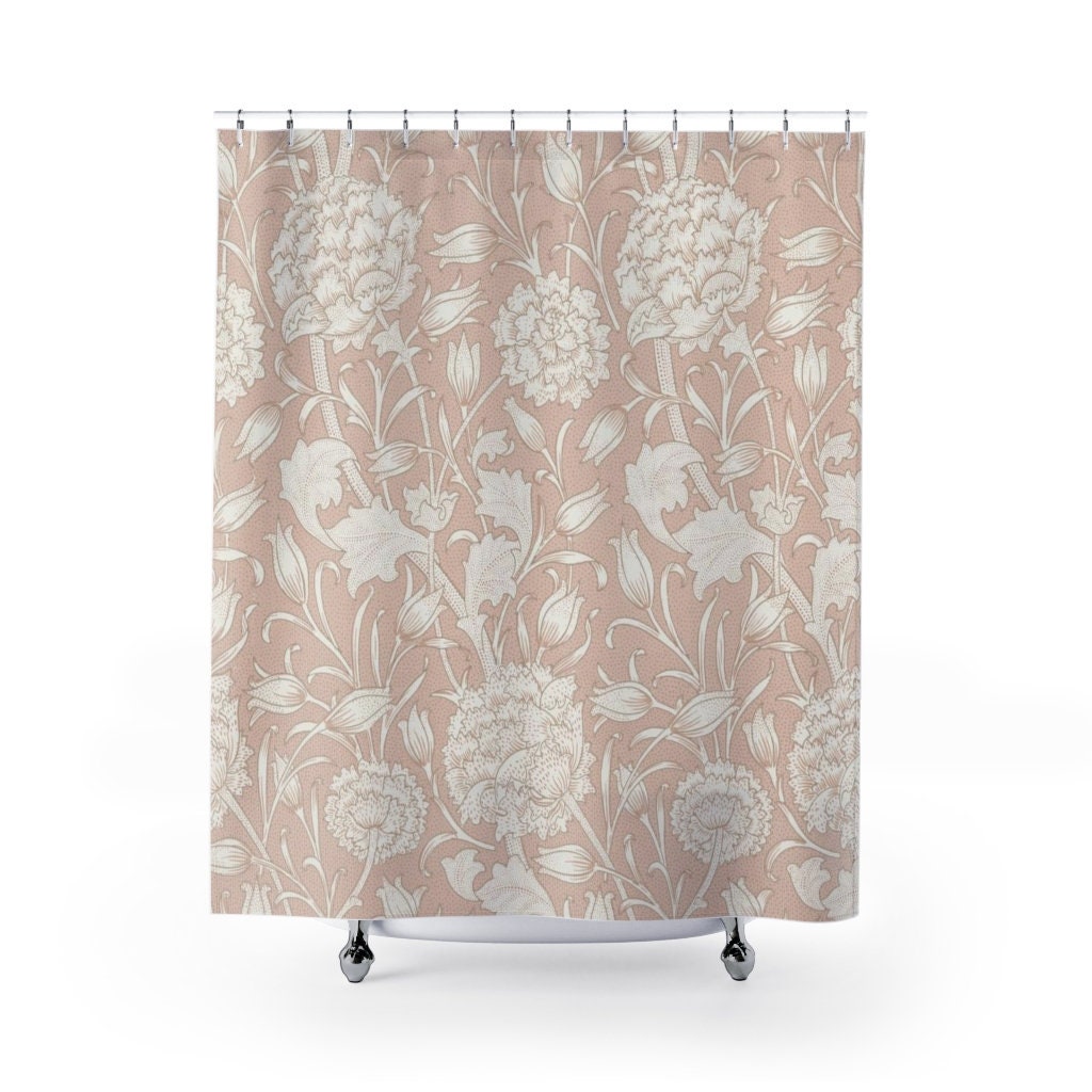 Light Blush Pink Pattern Vintage English Bathroom Accessory with Antique Print William Morris Pink & Rose Shower Curtain