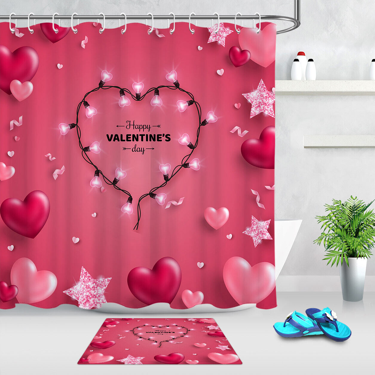 Light Bulbs Confetti Heart Shower Curtain for Bathroom Decor on Valentine's Day