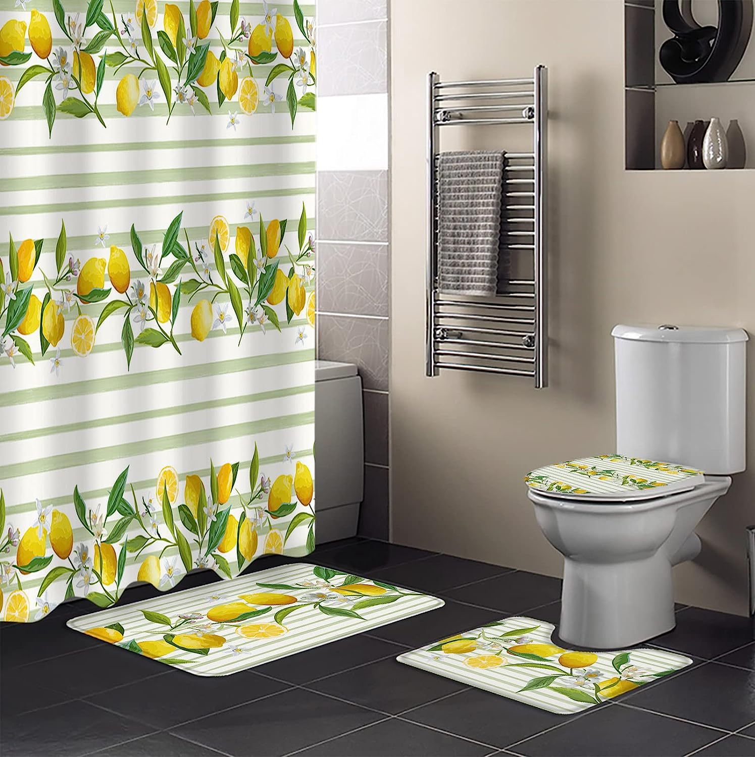 Light Greenv Stripe Lemon Shower Curtain for Summer Bathroom Decor