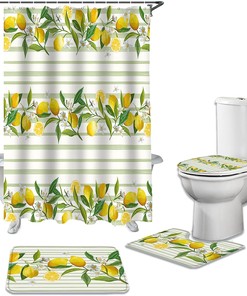 Light Greenv Stripe Lemon Shower Curtain for Summer Bathroom Decor