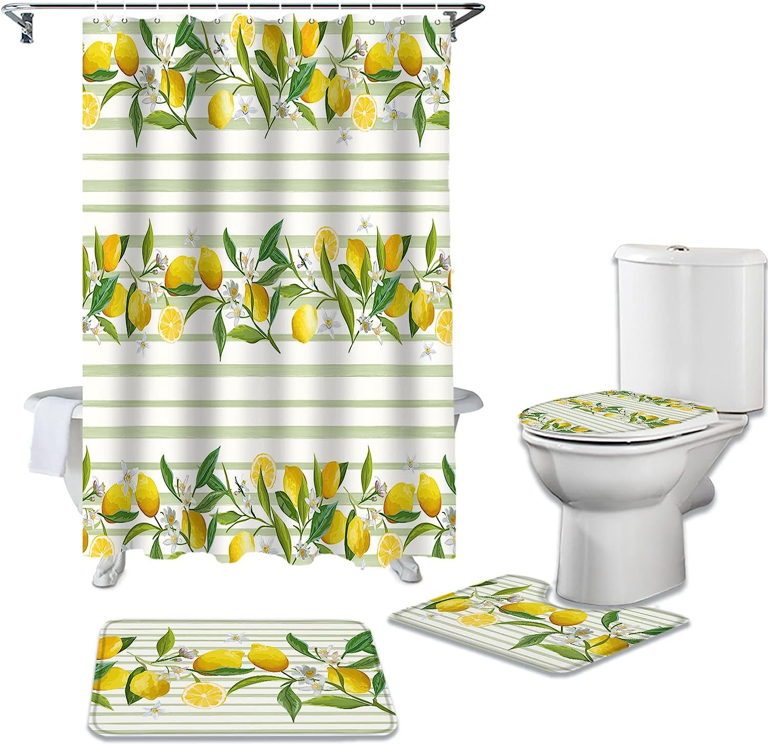 Light Greenv Stripe Lemon Shower Curtain for Summer Bathroom Decor
