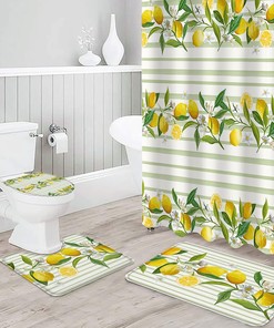 Light Greenv Stripe Lemon Shower Curtain for Summer Bathroom Decor