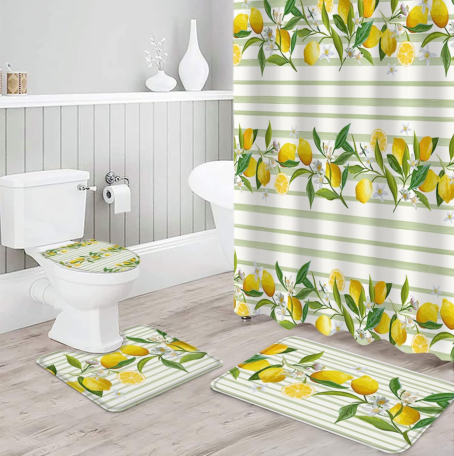 Light Greenv Stripe Lemon Shower Curtain for Summer Bathroom Decor