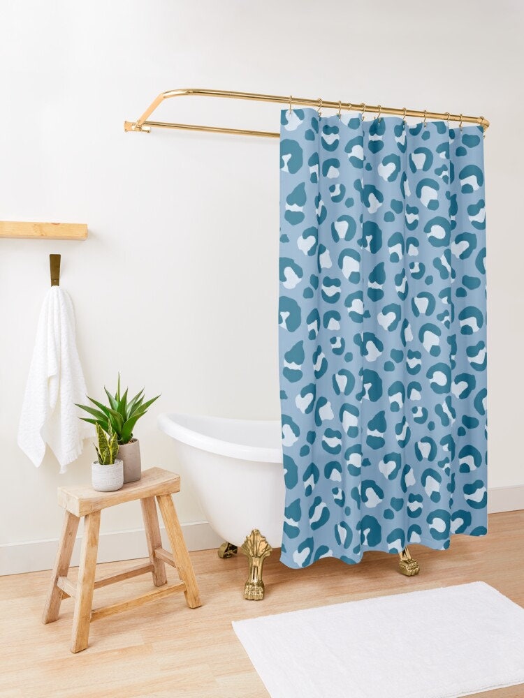 Light Navy Blue Shades Print Shower Curtain - Leopard Spots Bathroom Decor Bundle