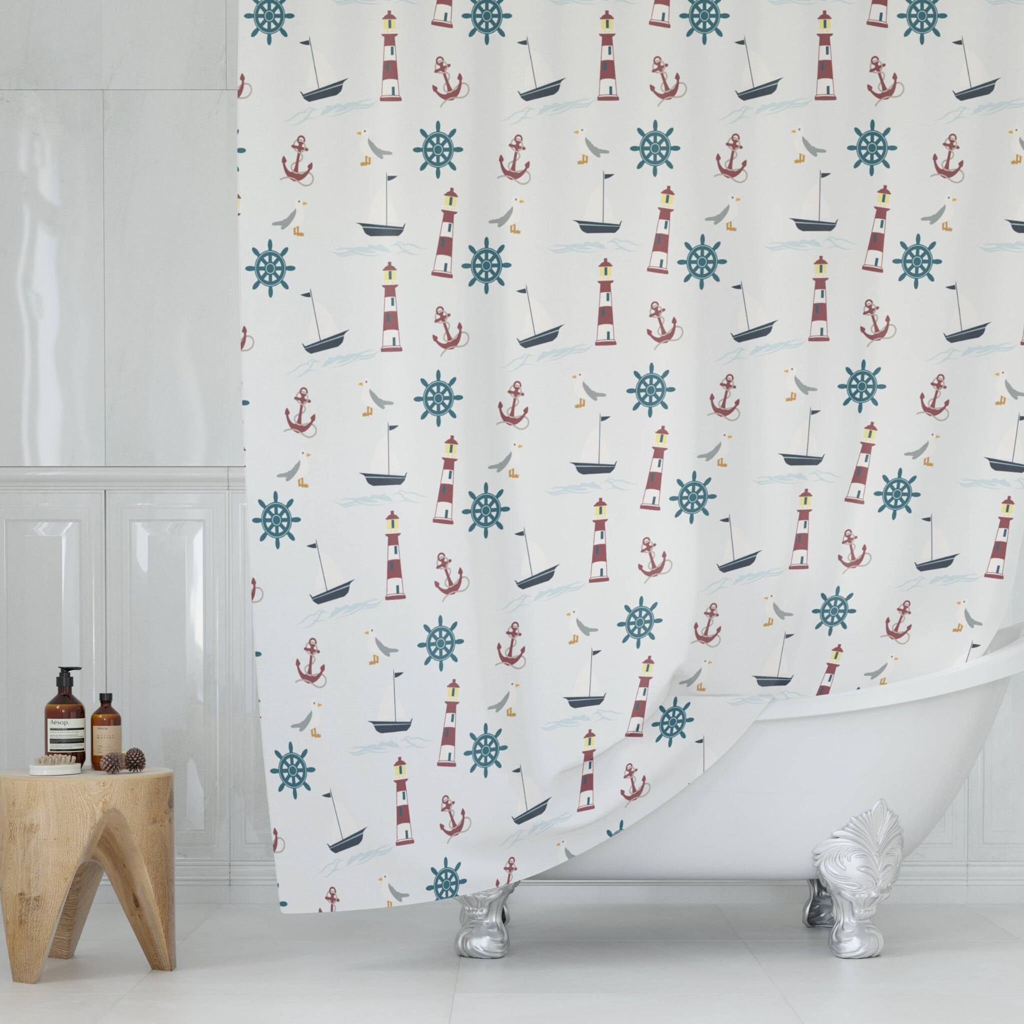 Lighthouse Anchor Sailboat Nautical Shower Curtain for Ocean Bathroom Decor