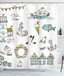 Lighthouse Anchor Seagull Printed Shower Curtain for Kid's Bathroom Decor- Waterproof and Nautical-themed