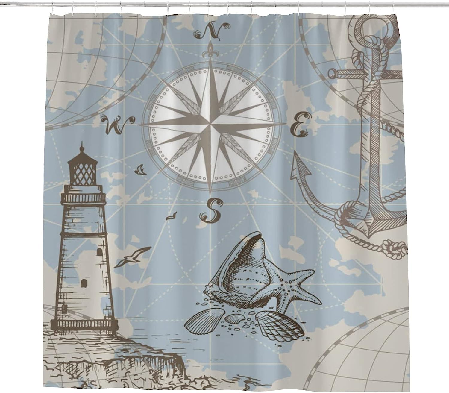 Lighthouse Anchor Seashells Bath Shower Curtain Heavy Duty Waterproof Fabric for Bathroom Decoration
