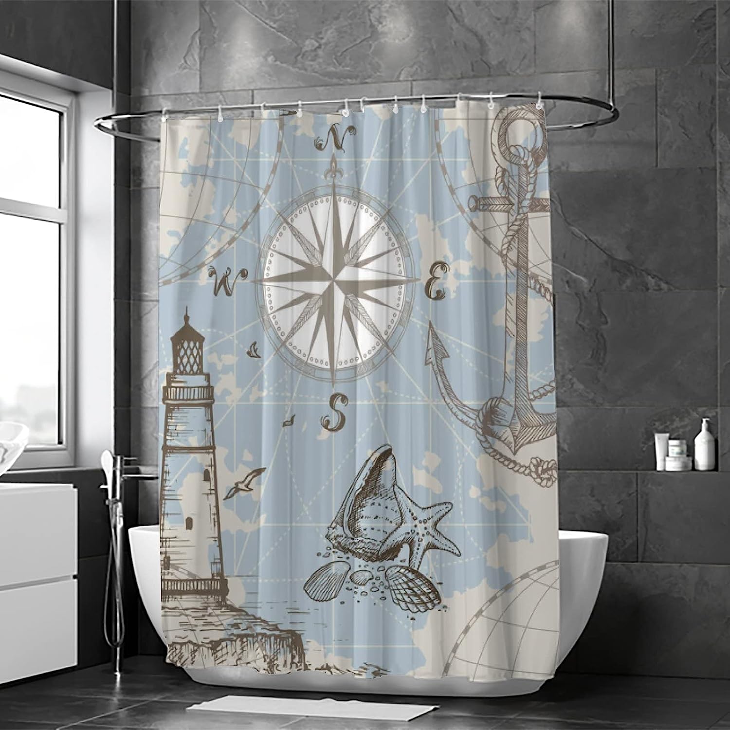 Lighthouse Anchor Seashells Bath Shower Curtain Heavy Duty Waterproof Fabric for Bathroom Decoration