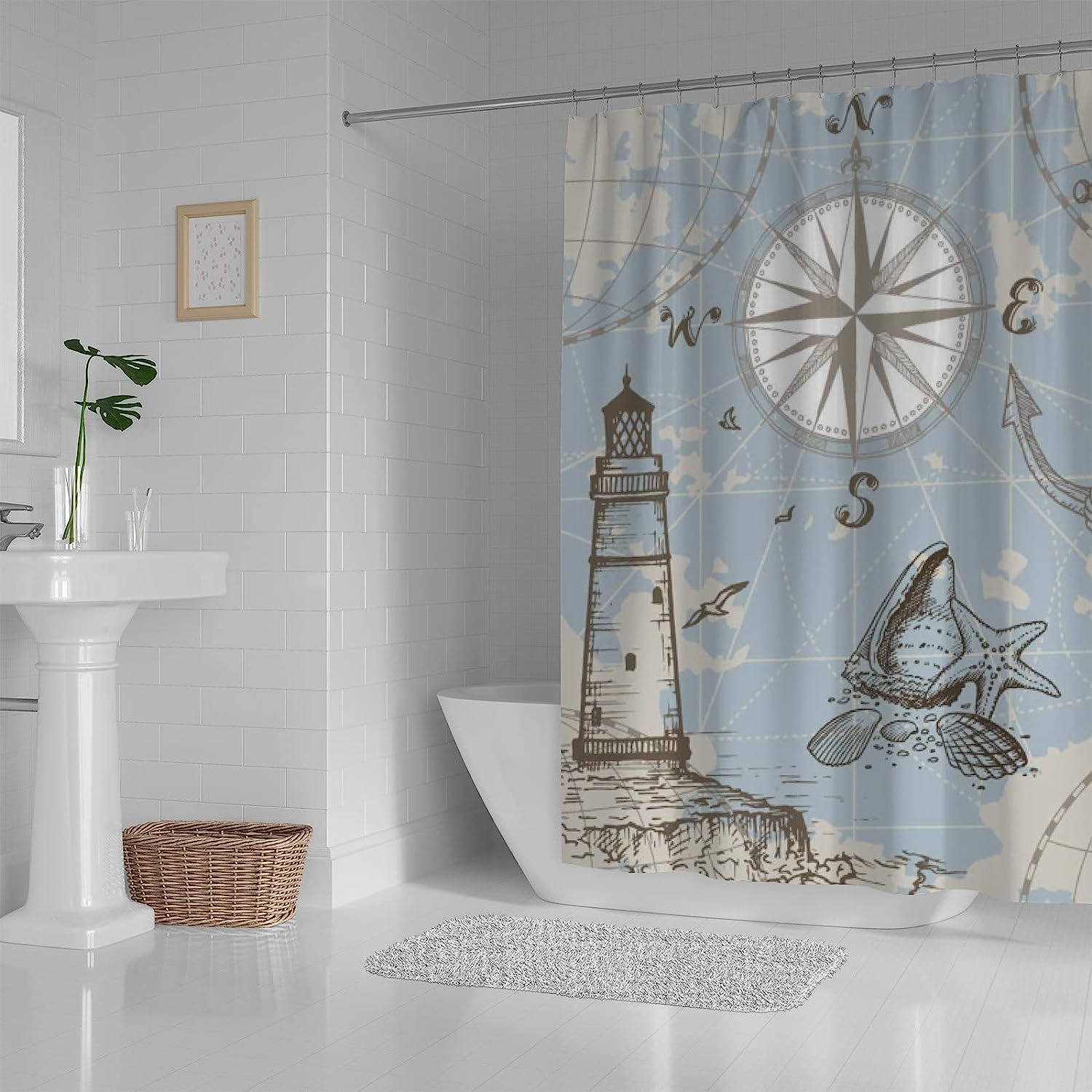 Lighthouse Anchor Seashells Bath Shower Curtain Heavy Duty Waterproof Fabric for Bathroom Decoration