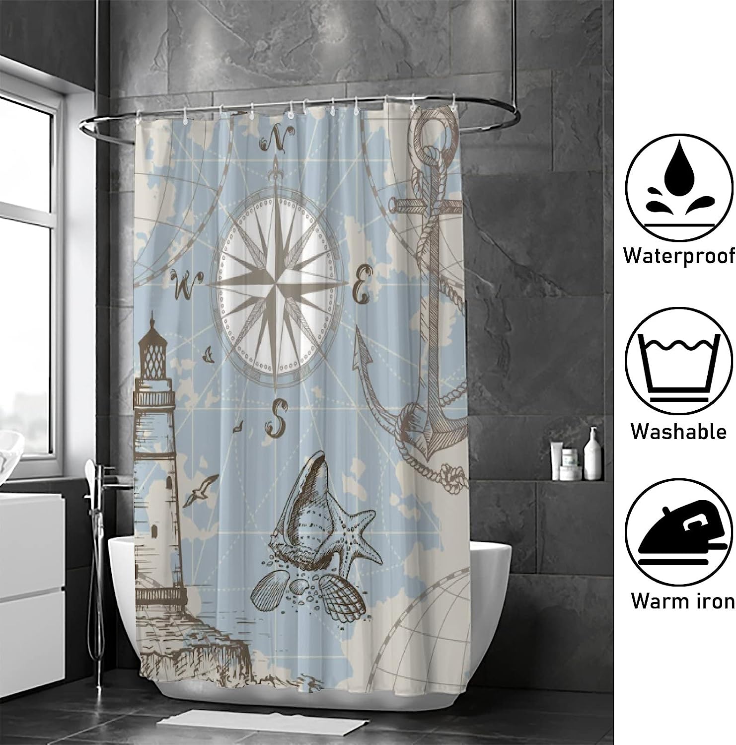 Lighthouse Anchor Seashells Bath Shower Curtain Heavy Duty Waterproof Fabric for Bathroom Decoration