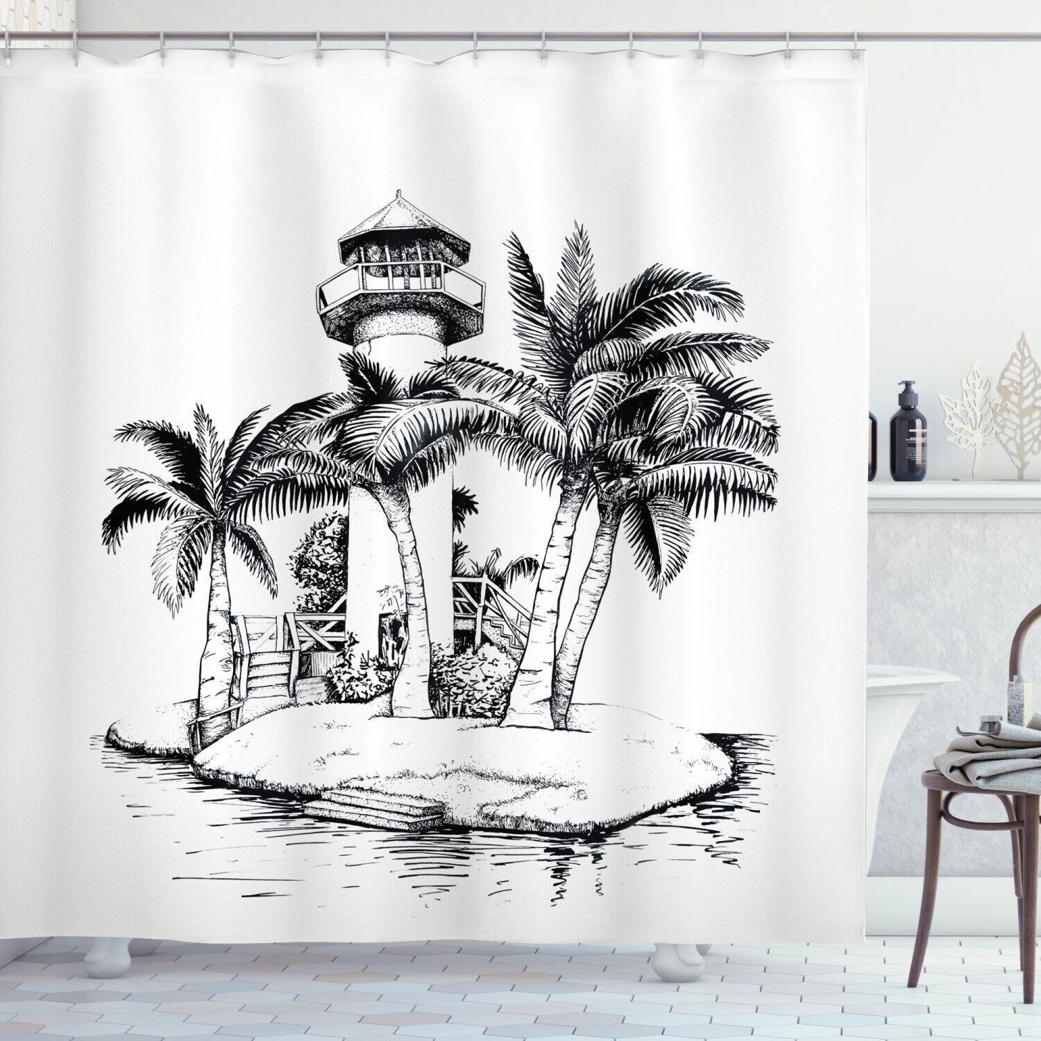 Lighthouse Island Tree Coastal Print Shower Curtain for Bathroom