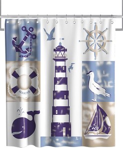 Lighthouse Seagull Seaside Beach Vintage Shower Curtain Ideas Waterproof Washable Blue