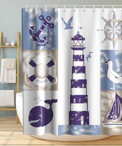Lighthouse Seagull Seaside Beach Vintage Shower Curtain Ideas Waterproof Washable Blue