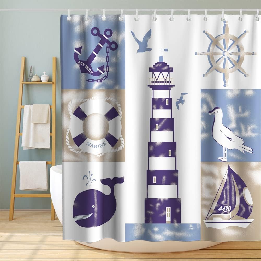 Lighthouse Seagull Seaside Beach Vintage Shower Curtain Ideas Waterproof Washable Blue