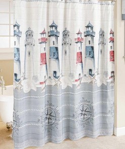 Lighthouse Seashell Ship Compass Square Nautical Shower Curtain for Coastal Bathroom Decor