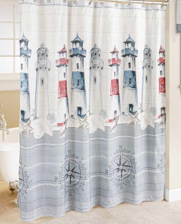 Lighthouse Seashell Ship Compass Square Nautical Shower Curtain for Coastal Bathroom Decor