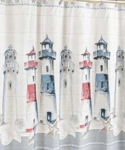 Lighthouse Seashell Ship Compass Square Nautical Shower Curtain for Coastal Bathroom Decor