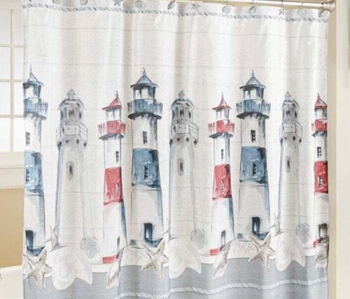 Lighthouse Seashell Ship Compass Square Nautical Shower Curtain for Coastal Bathroom Decor
