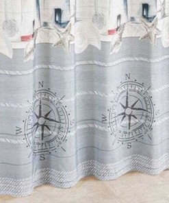 Lighthouse Seashell Ship Compass Square Nautical Shower Curtain for Coastal Bathroom Decor