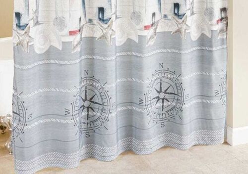 Lighthouse Seashell Ship Compass Square Nautical Shower Curtain for Coastal Bathroom Decor