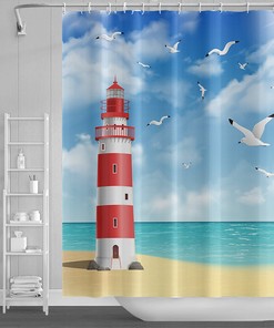 Lighthouse and Seagull Printed Blue Sky Shower Curtain for Ocean Bathroom Decor