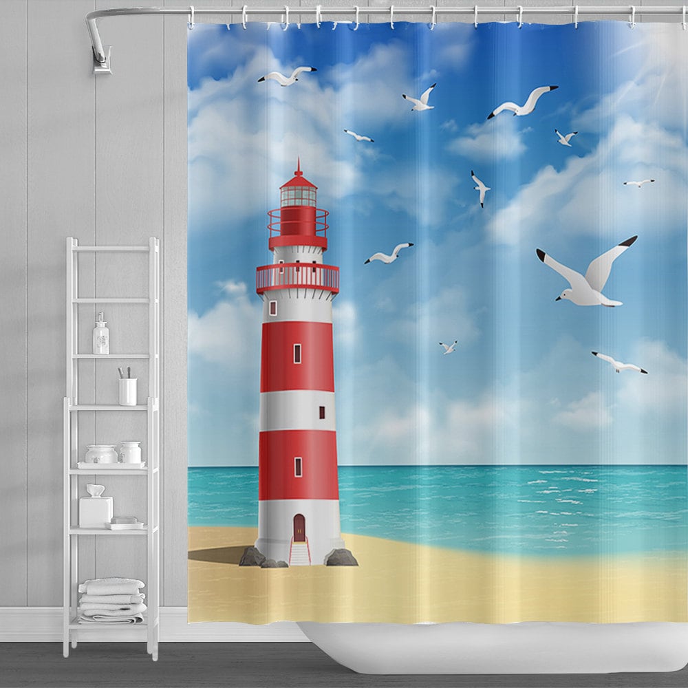 Lighthouse and Seagull Printed Blue Sky Shower Curtain for Ocean Bathroom Decor