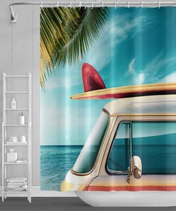 Lighthouse and Seagull Printed Blue Sky Shower Curtain for Ocean Bathroom Decor