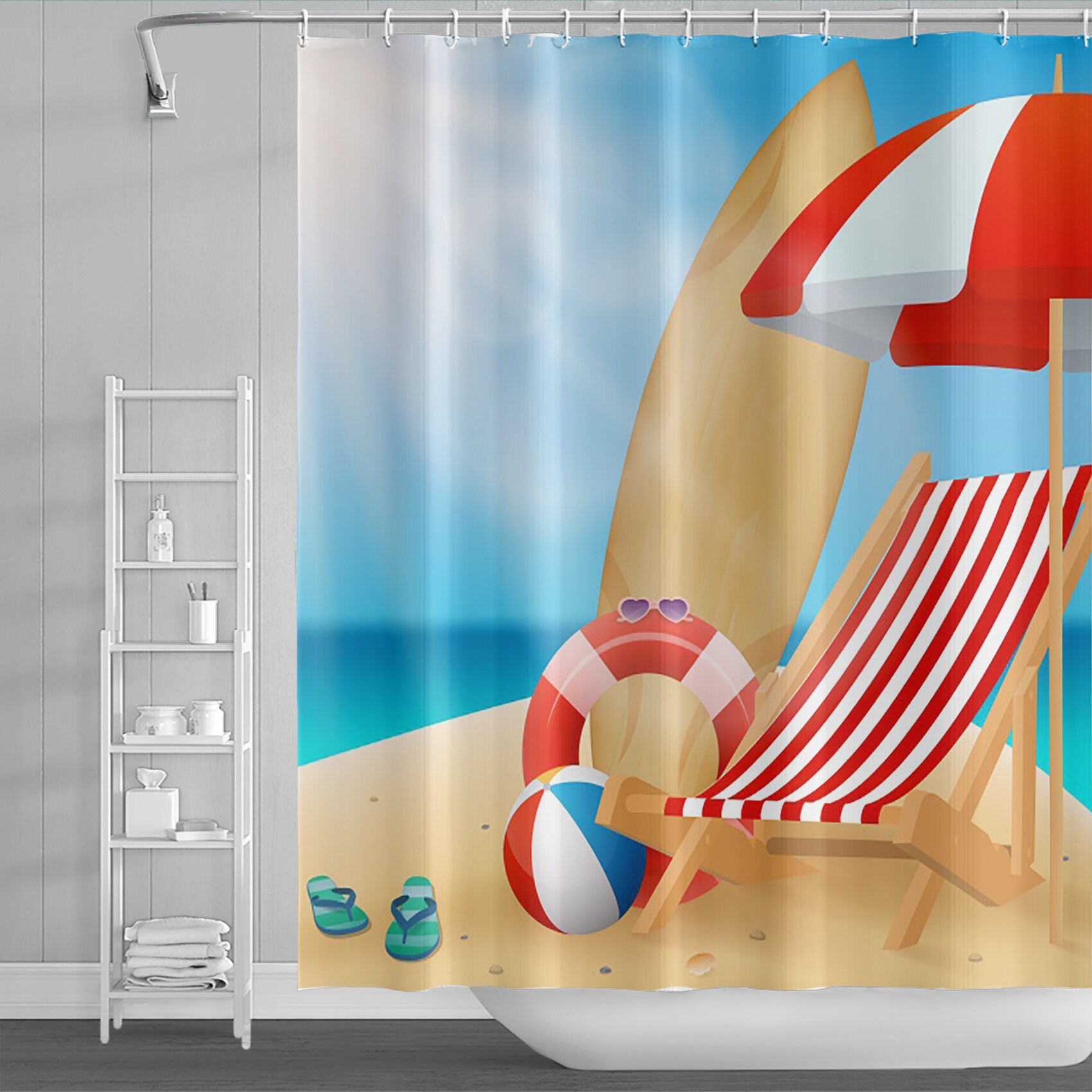 Lighthouse and Seagull Printed Blue Sky Shower Curtain for Ocean Bathroom Decor