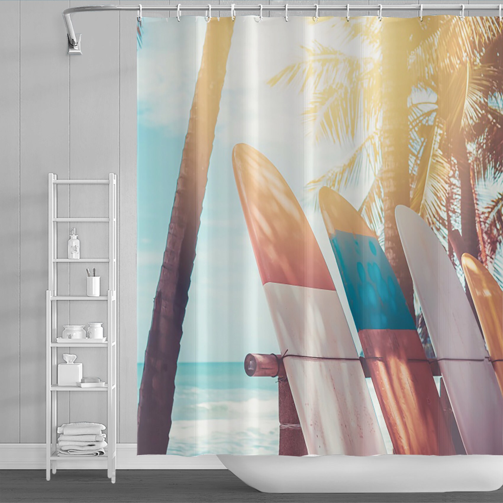 Lighthouse and Seagull Printed Blue Sky Shower Curtain for Ocean Bathroom Decor