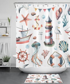 Lighthouse and Seashell Shower Curtain, Nautical Bath Design with Jellyfish for a Ocean-Inspired Bathroom 