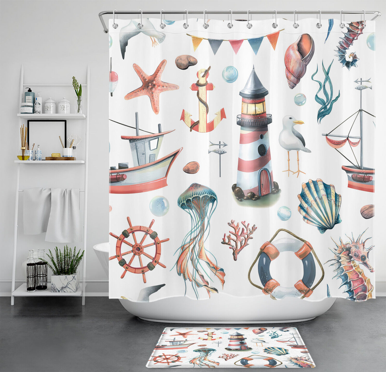 Lighthouse and Seashell Shower Curtain, Nautical Bath Design with Jellyfish for a Ocean-Inspired Bathroom