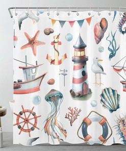 Lighthouse and Seashell Shower Curtain, Nautical Bath Design with Jellyfish for a Ocean-Inspired Bathroom