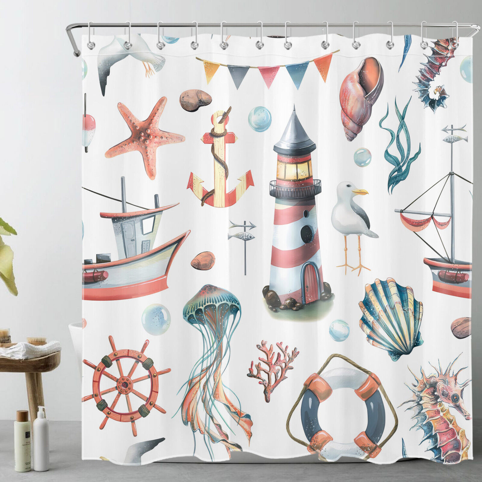 Lighthouse and Seashell Shower Curtain, Nautical Bath Design with Jellyfish for a Ocean-Inspired Bathroom