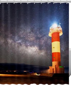 Lighthouse and Stars Sky Stars Shower Curtain for a Nautical and Calming Bathroom