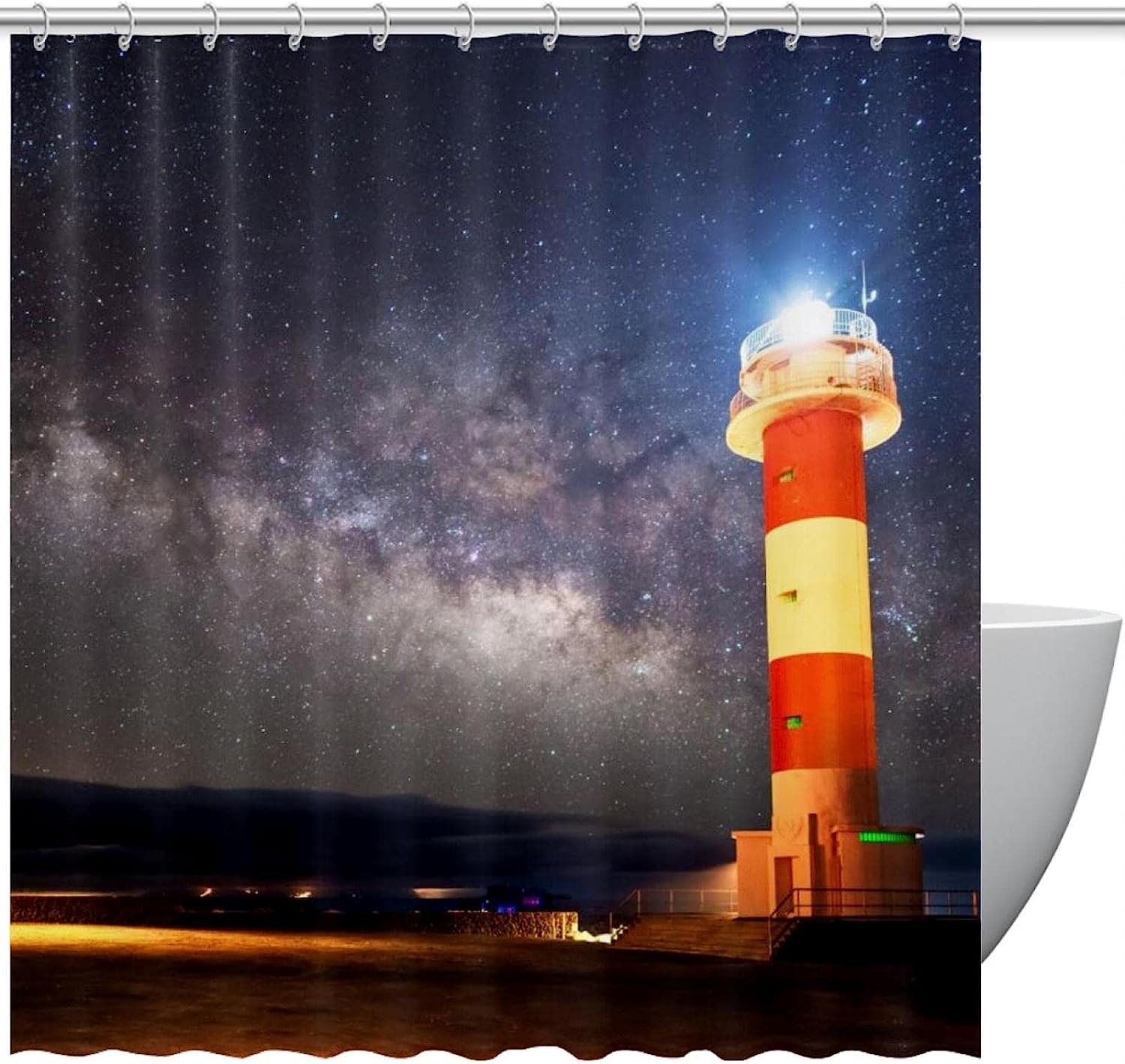 Lighthouse and Stars Sky Stars Shower Curtain for a Nautical and Calming Bathroom