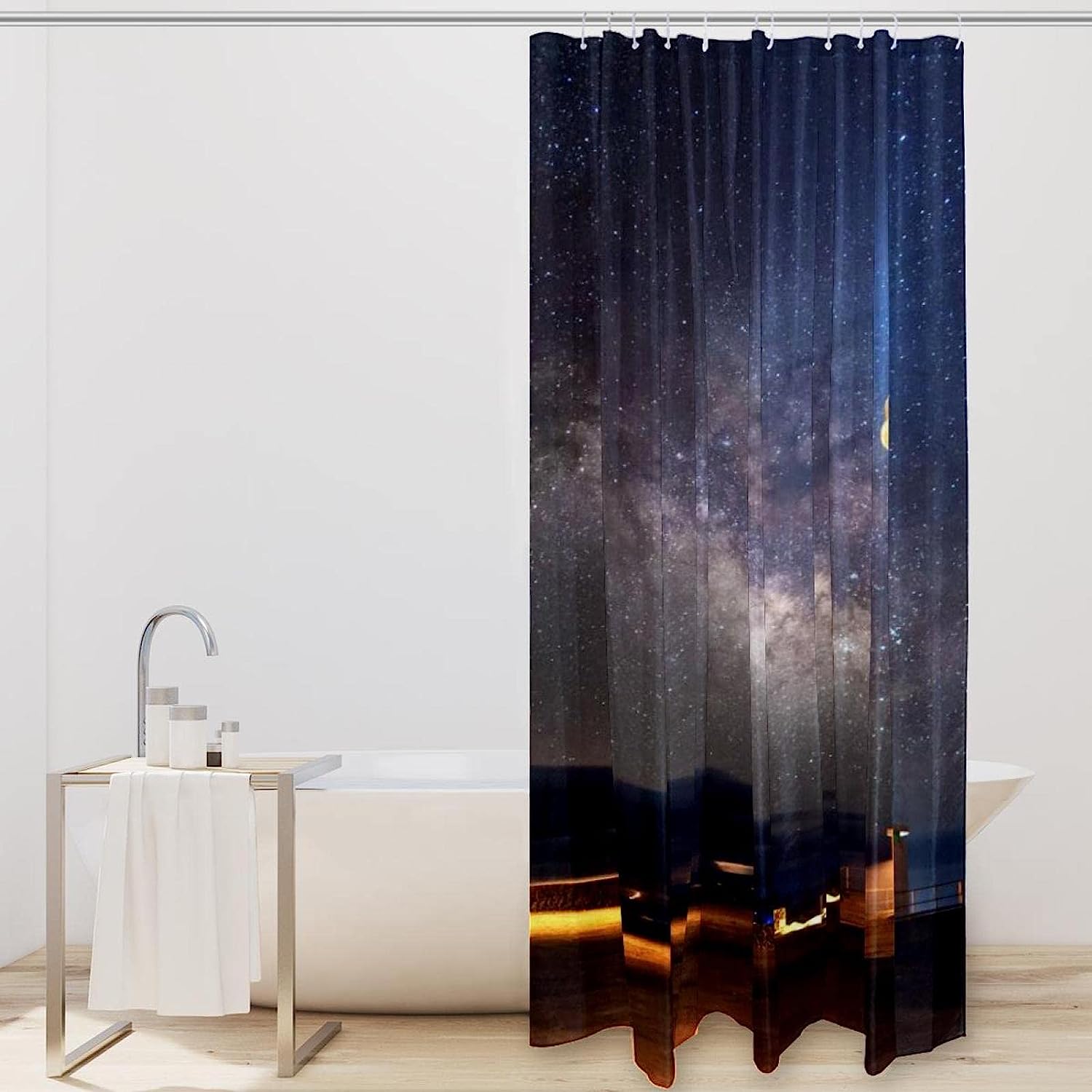 Lighthouse and Stars Sky Stars Shower Curtain for a Nautical and Calming Bathroom
