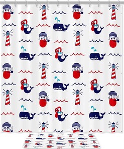 Lighthouse and Whale White Printed Waterproof Fabric Shower Curtain for Ocean Bathroom Decor